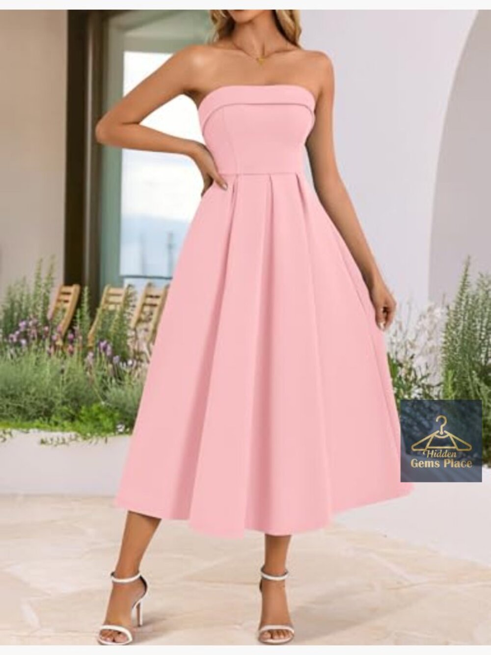 Strapless Cocktail Midi Dress Flowy A-Line Wedding Guest Party Dress - Picture 4 of 7